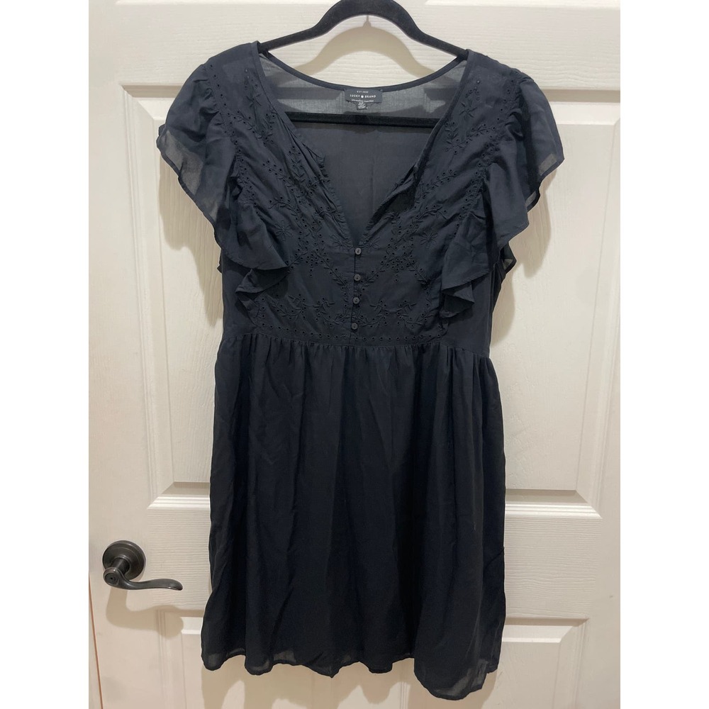 Lucky Brand Black Eyelet Flutter Sleeve V-Neck Mini Dress Small